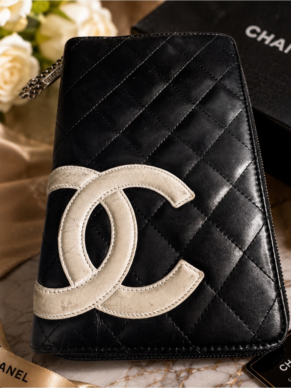 CHANEL Cambon CC Quilted Leather Wallet Organizer Long Wallet Black White